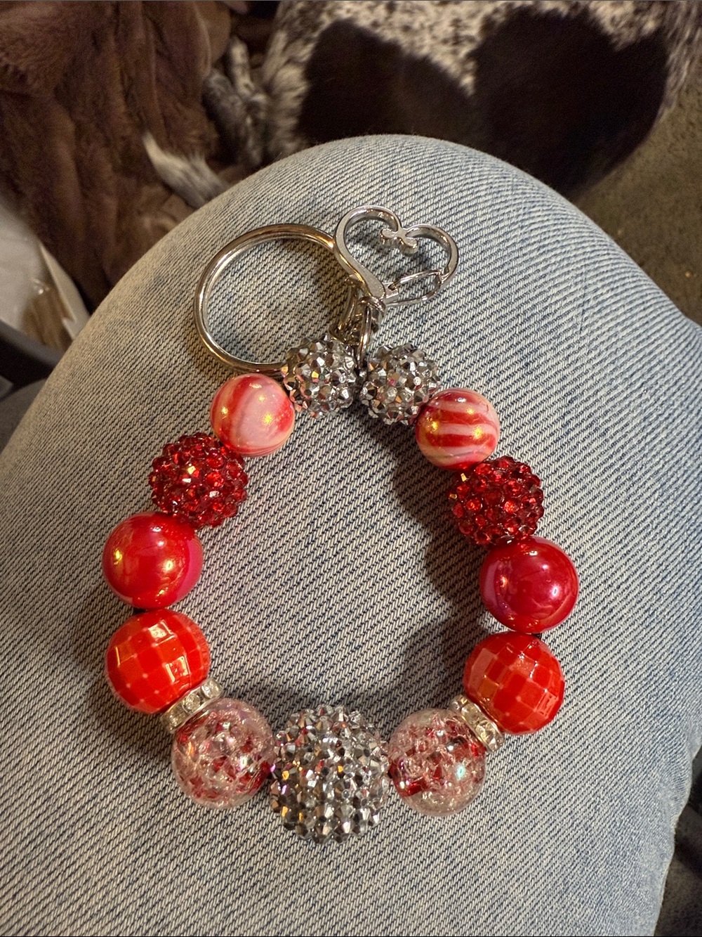 Red Beaded Heart Keyring Bracelet